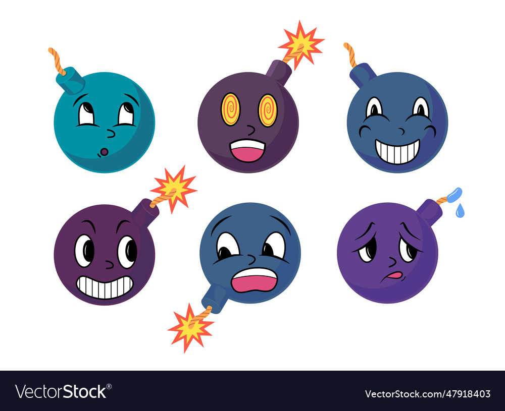 Cartoon color bomb character doodle icon set