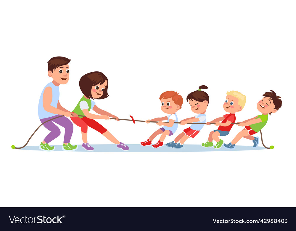 Children play tug of war with adults family pulls Vector Image