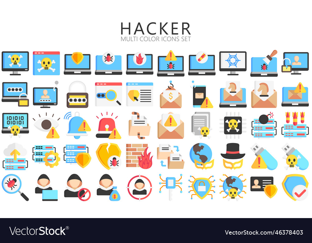 Hacker multi color icons set Royalty Free Vector Image