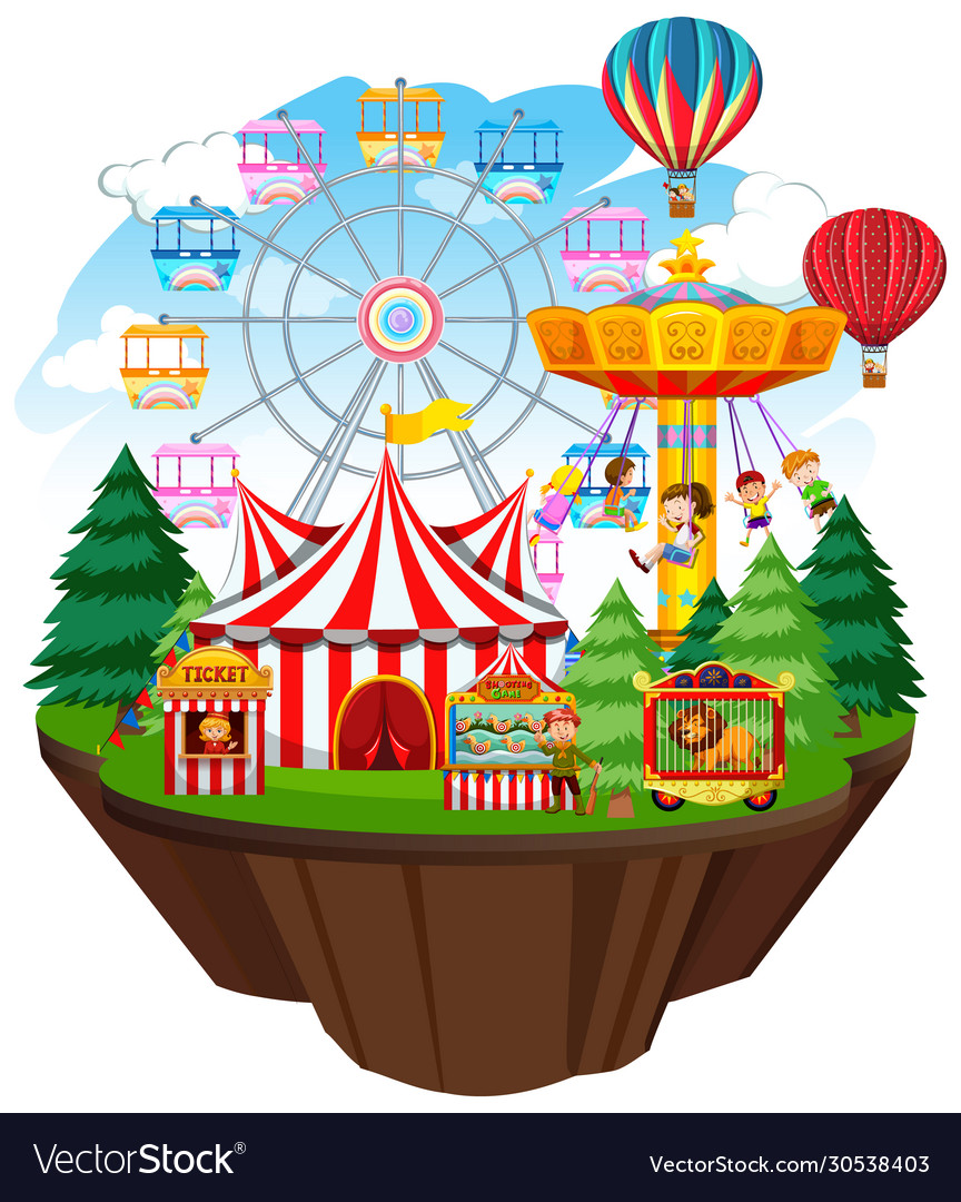 Themepark scene with many rides on island Vector Image