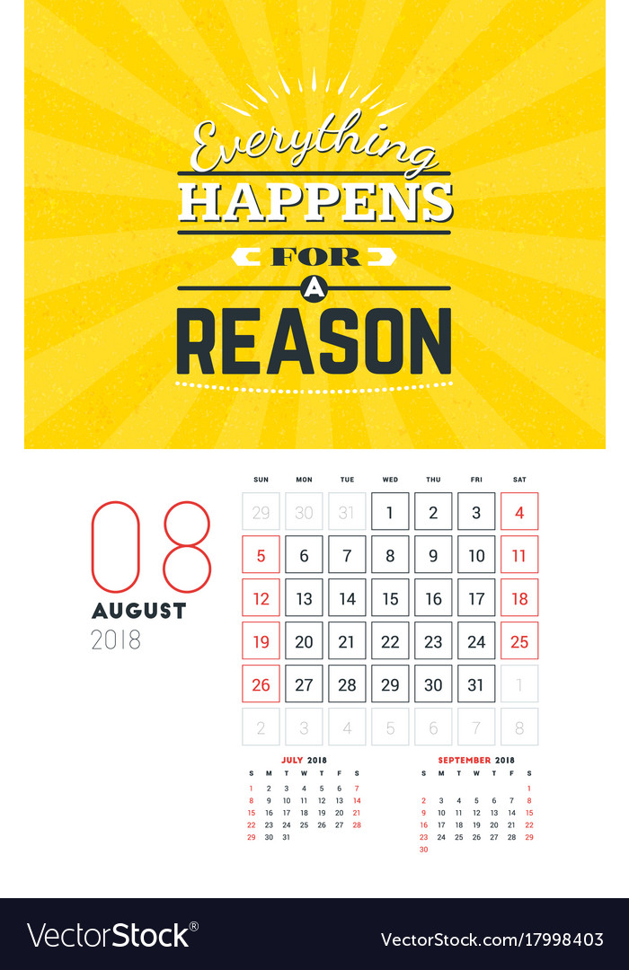 wall calendar template for august 2018 design vector image wall calendar template