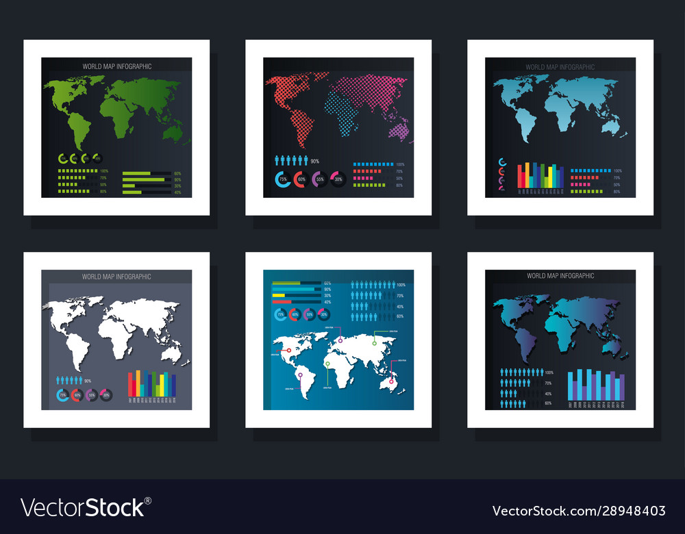Workflows with world map set design vector image Workflows with world map set design