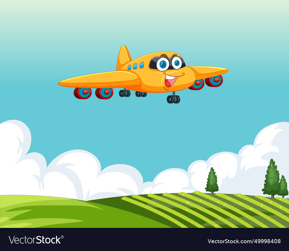 Colorful animated plane flying above green fields