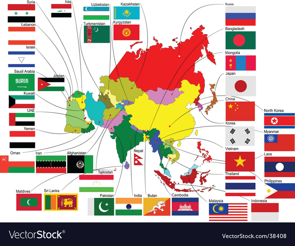 map-of-asia-with-flags-royalty-free-vector-image