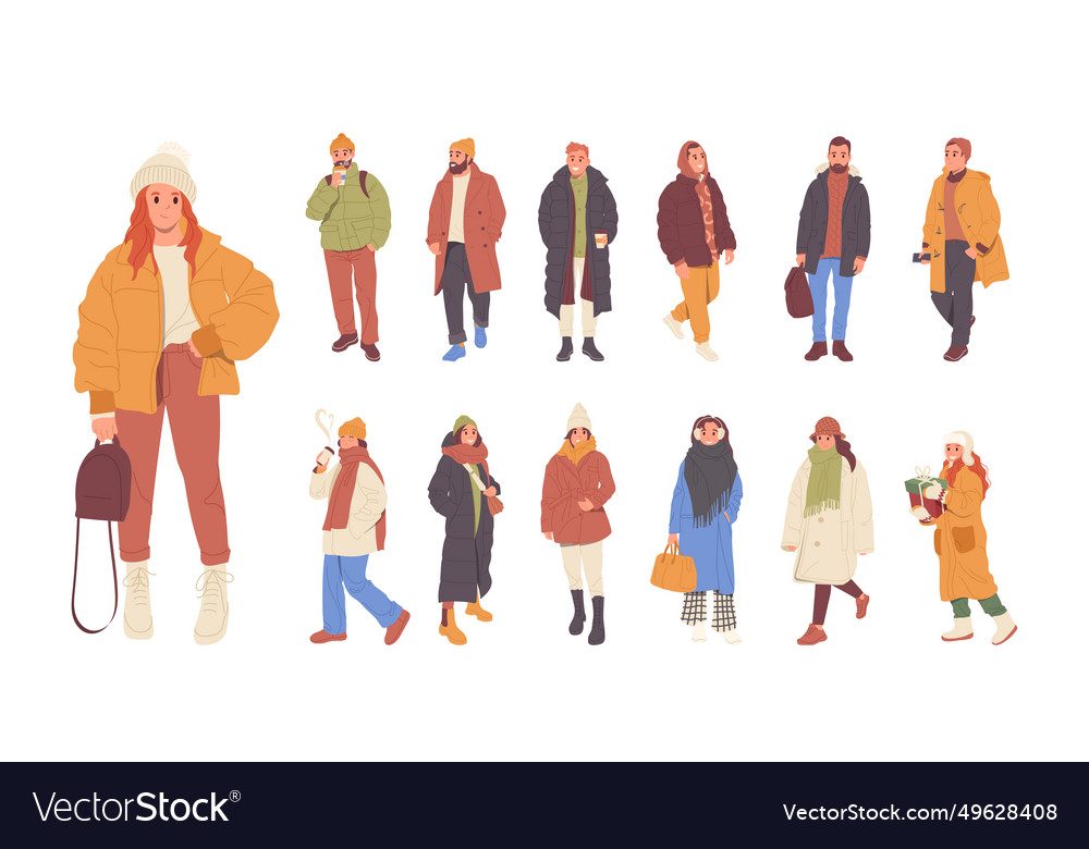 Winterstil Set mit glücklichen jungen Menschen Cartoon vector image Winterstil Set mit glücklichen jungen Menschen Cartoon