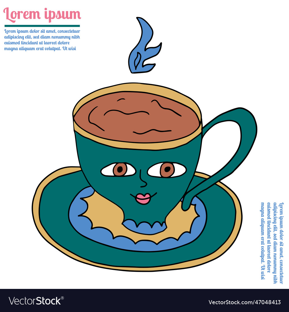 Cartoon doodle linear tea cup and saucer vector image Cartoon doodle linear tea cup and saucer