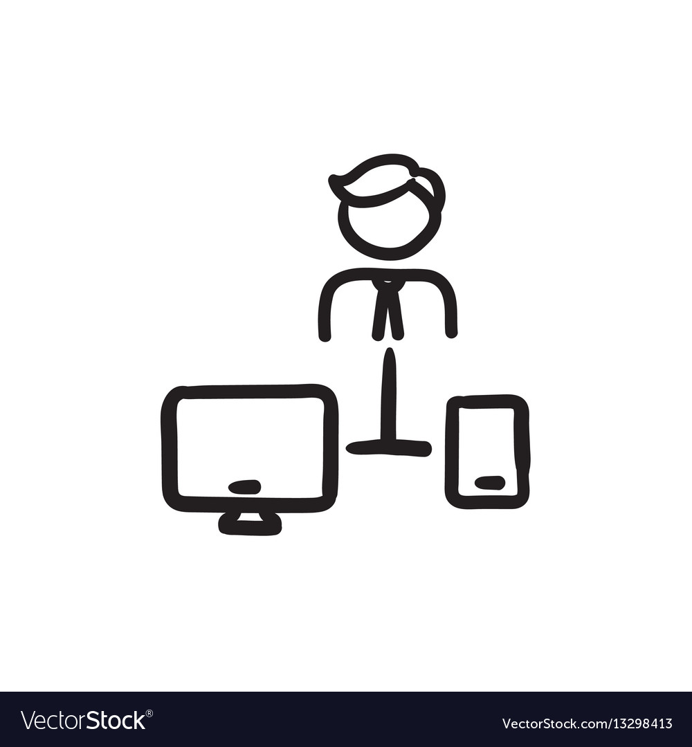 Mann verbunden mit Computer- und Telefonskizzensymbol