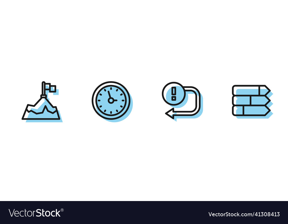 Set line arrow mountains with flag clock and pie