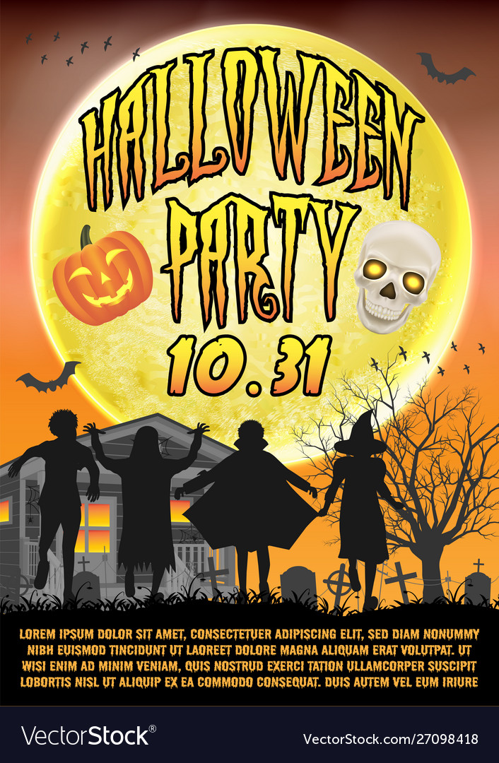 Halloween Party Poster With Kids In Costume Vector Image