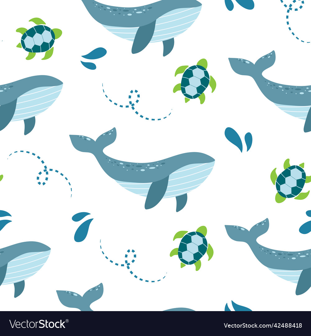 Seamless pattern with whales and turtles vector image Seamless pattern with whales and turtles