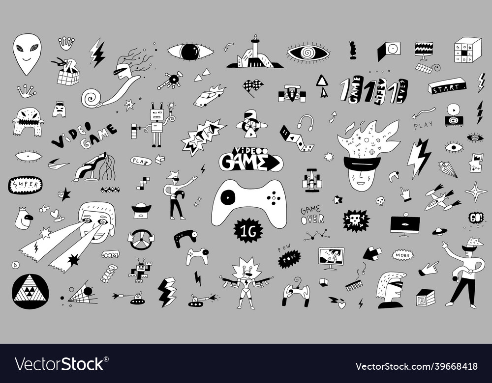 GAMER Doodle Vector Icons. Computer Game Doodle Icons 