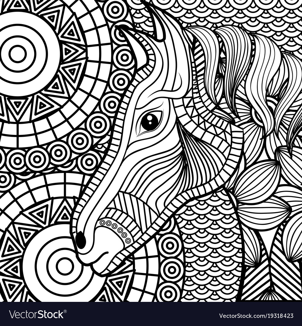 Adult coloring monochrome horse drawing