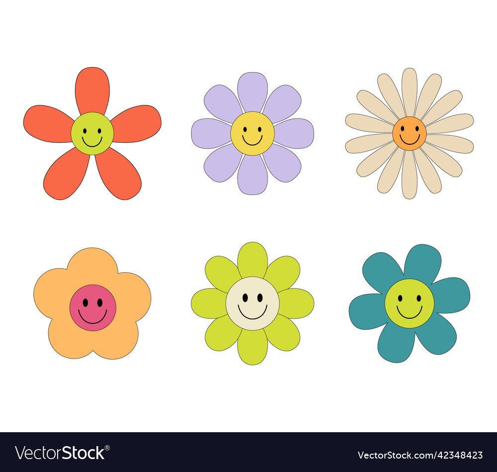 Groovy retro flowers daisy set hippie stickers Vector Image