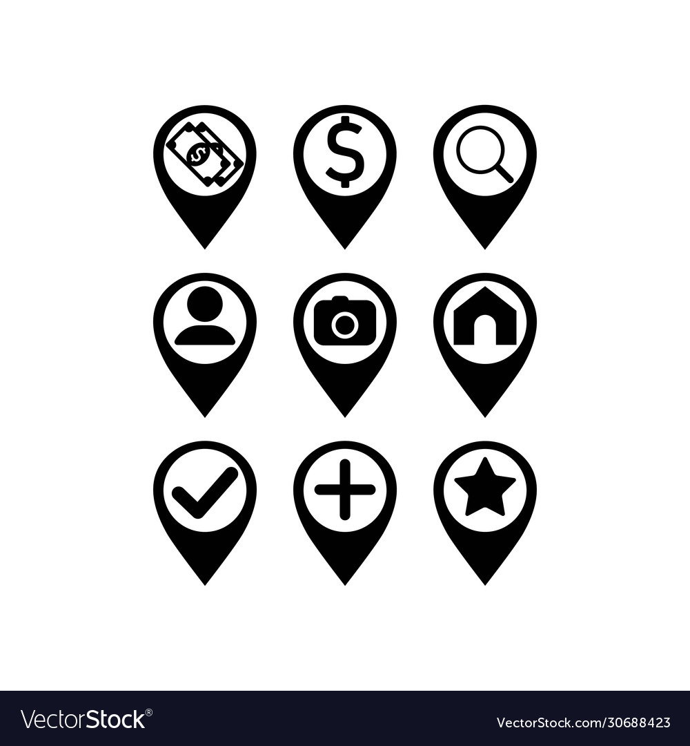 Map pointer icon set pharmacy store currency vector image Map pointer icon set pharmacy store currency
