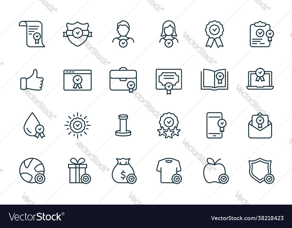 Quality control and check mark linear icons set vector image Quality control and check mark linear icons set