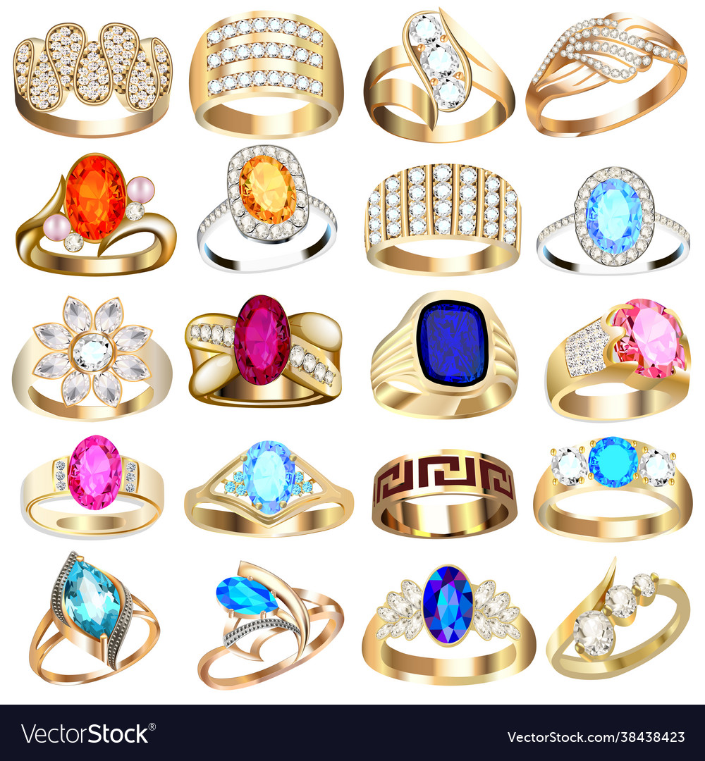 Ring set with precious stones on white background Vector Image