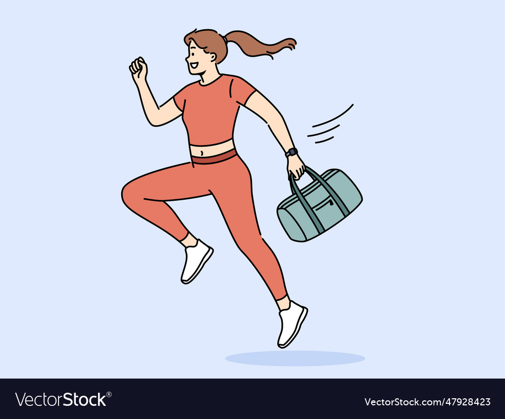 Running woman in sportswear holds bag with fitness