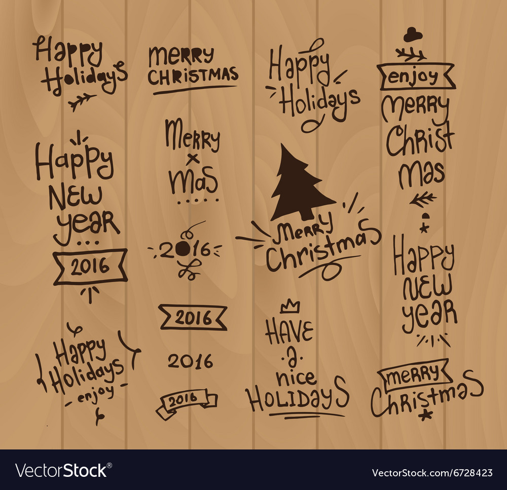 Set of hand drawn merry christmas and happy new