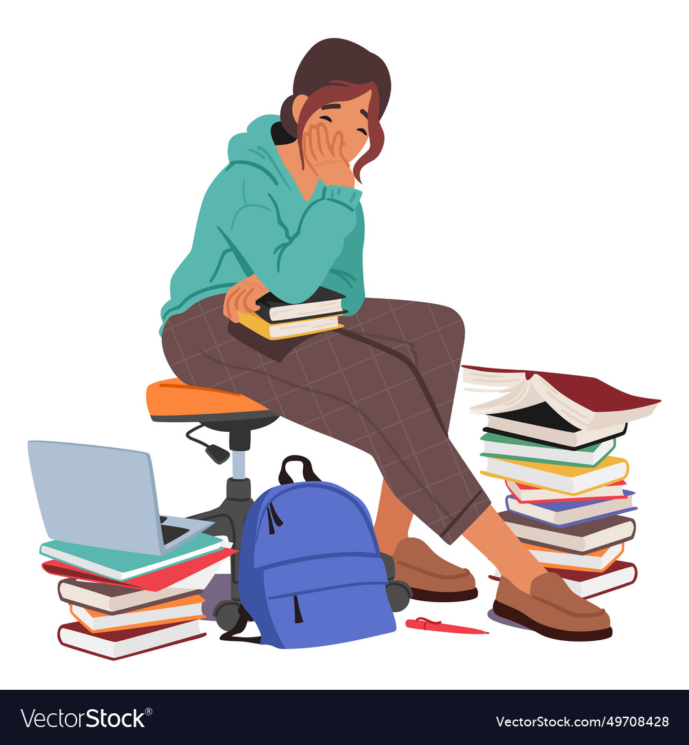 Exhausted student girl character engulfed