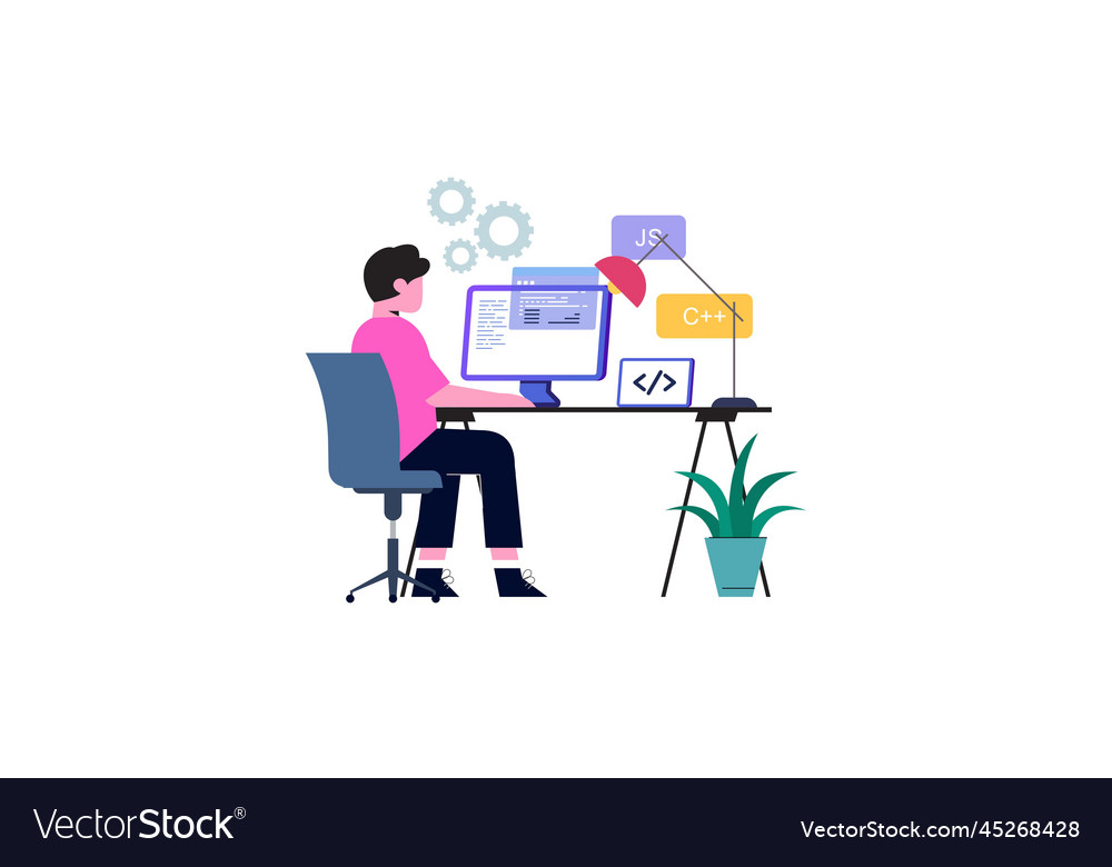 Man programmer is working on his laptop concept vector image Man programmer is working on his laptop concept