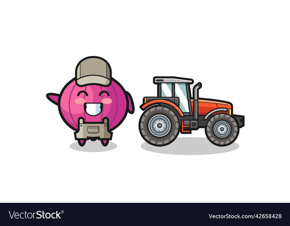 Onion farmer mascot standing beside a tractor