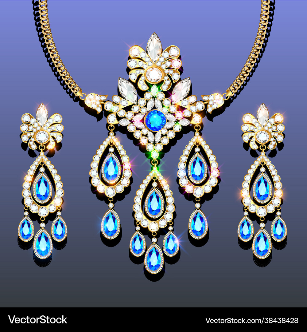 Set gold pendant on a chain with precious Vector Image