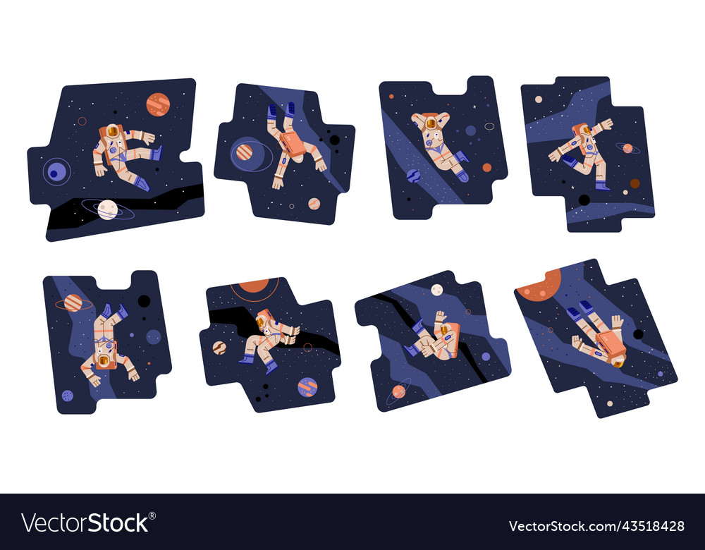 Set of scenes with astronauts in outer space flat