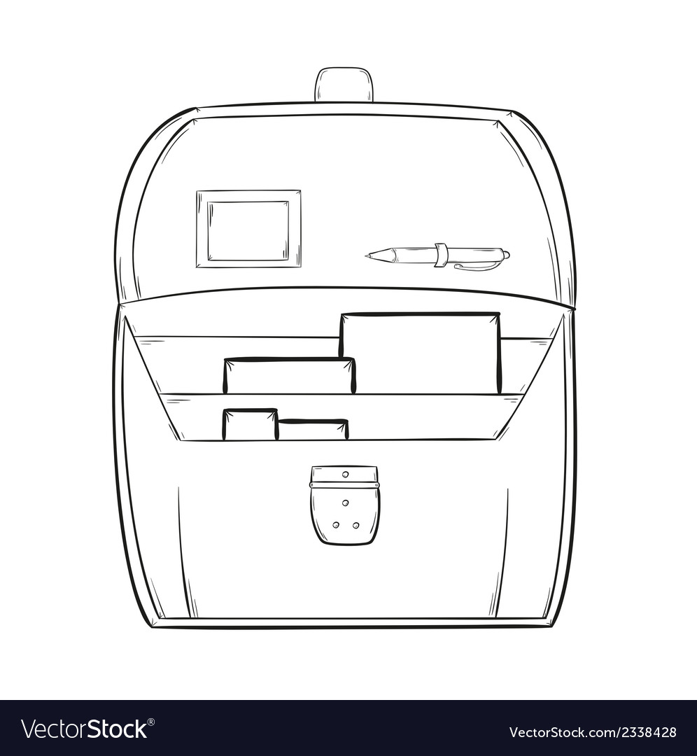 Sketch of the open briefcase with documents