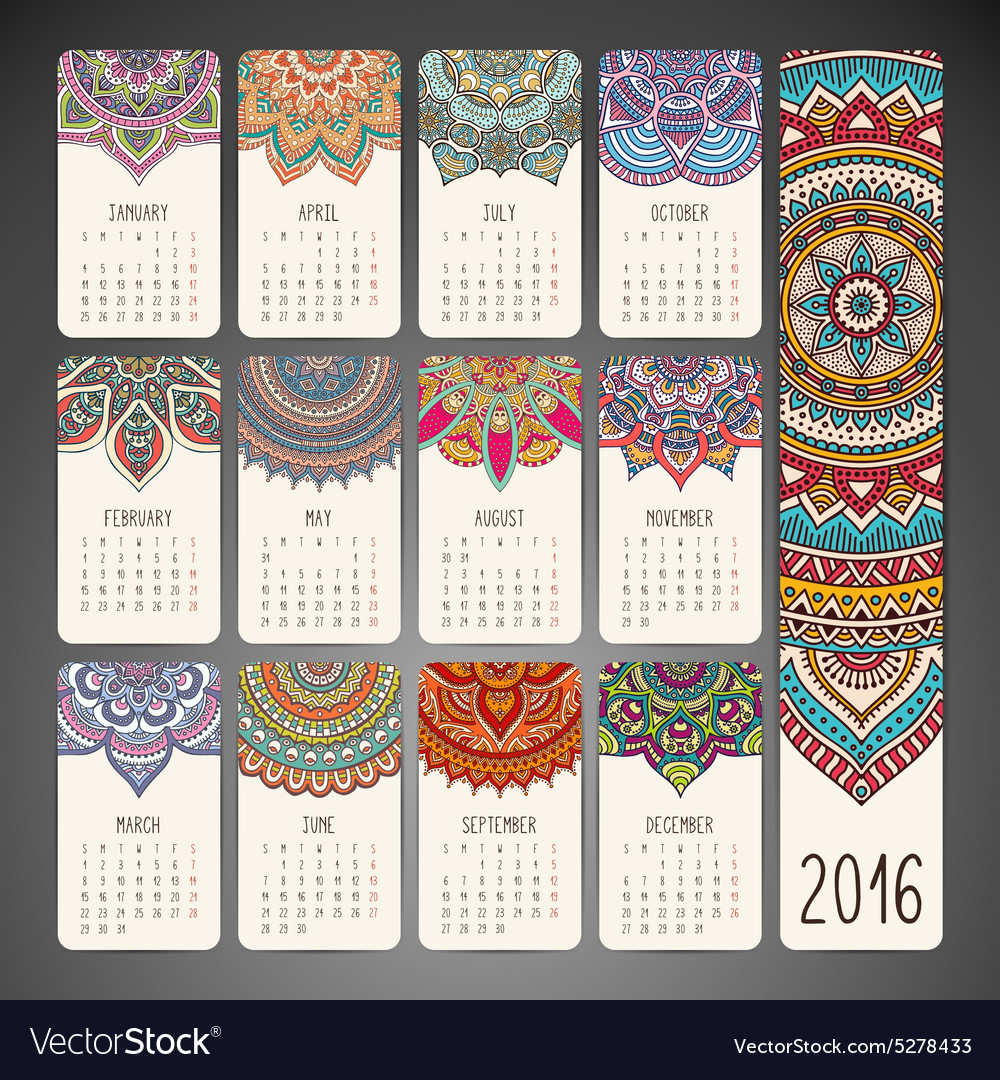 Calendar with mandalas Royalty Free Vector Image