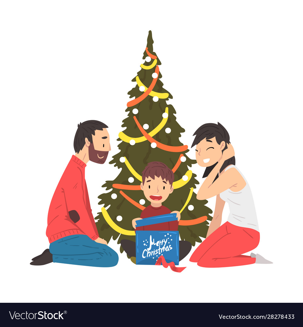 Happy family sitting next to christmas tree cute vector image Happy family sitting next to christmas tree cute