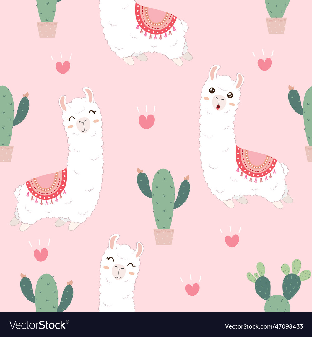 Seamless pattern with cute alpacas and cactus Vector Image