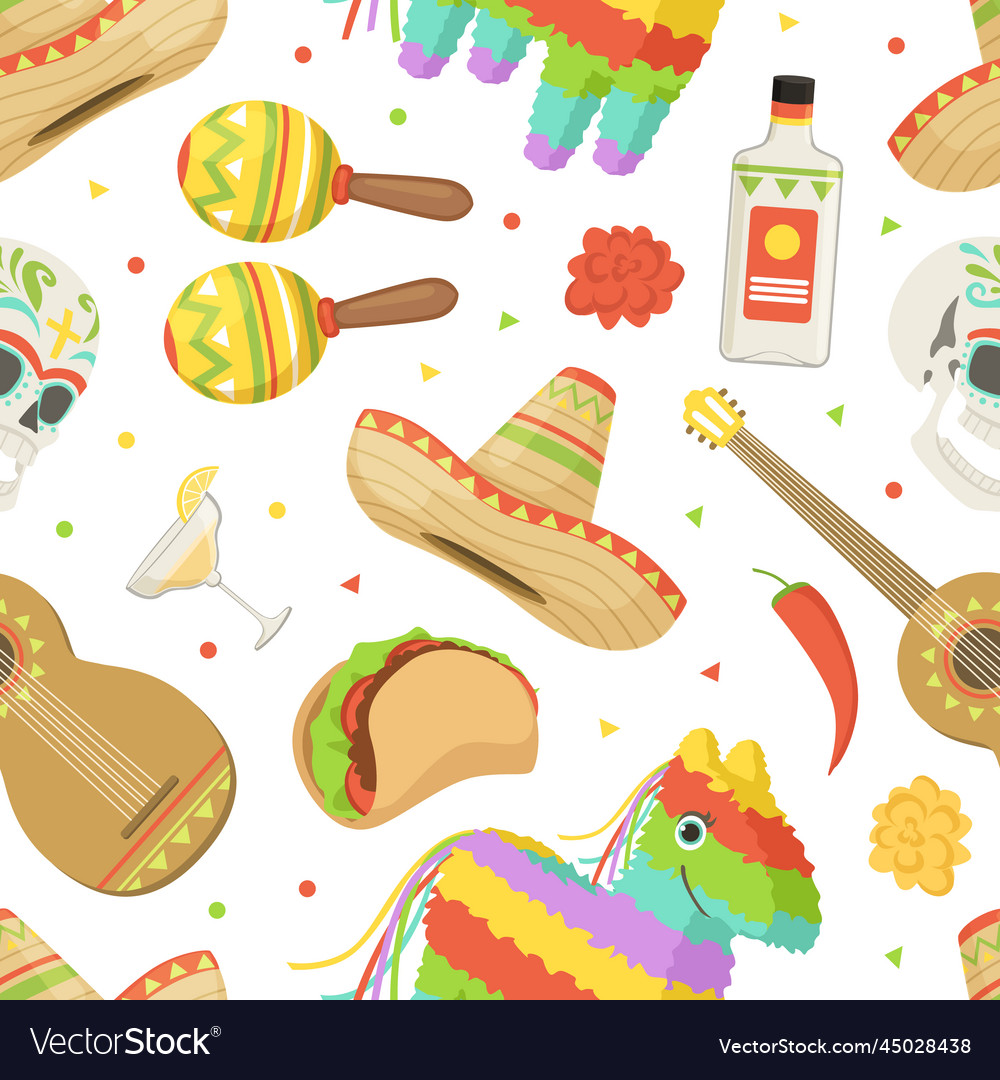 Mexican cartoon design with pinata and sombrero