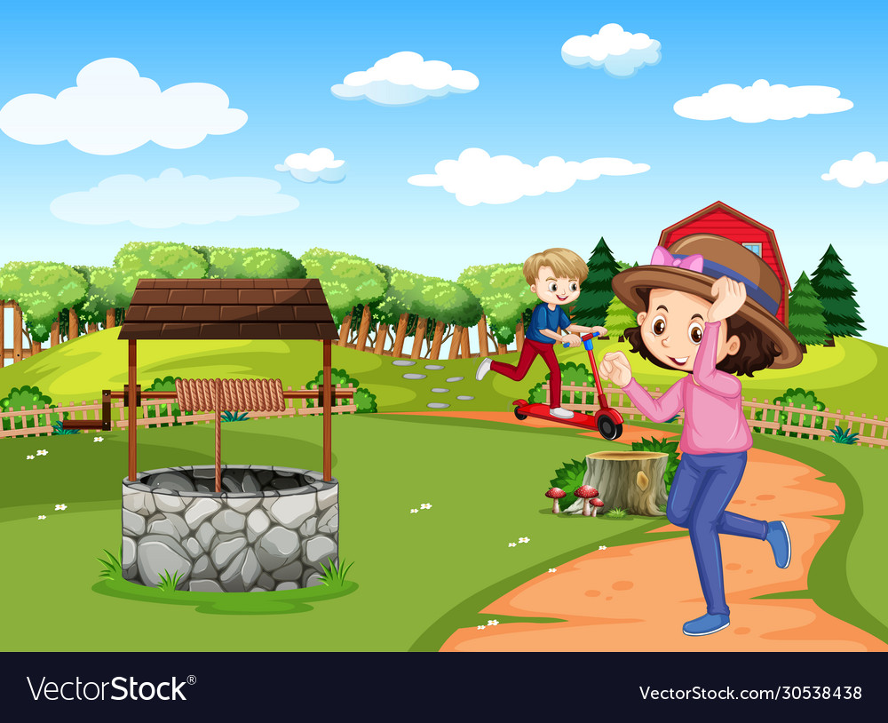 Scene with two children running and playing