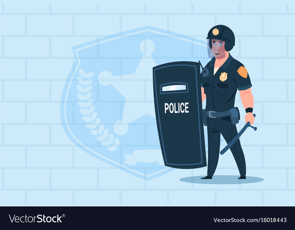 Policeman hold shield wearing helmet uniform cop