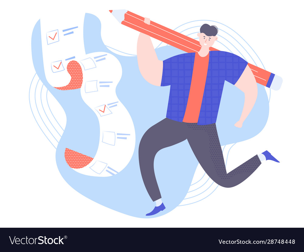 Character man in a jump next to long to-do list vector image Character man in a jump next to long to-do list