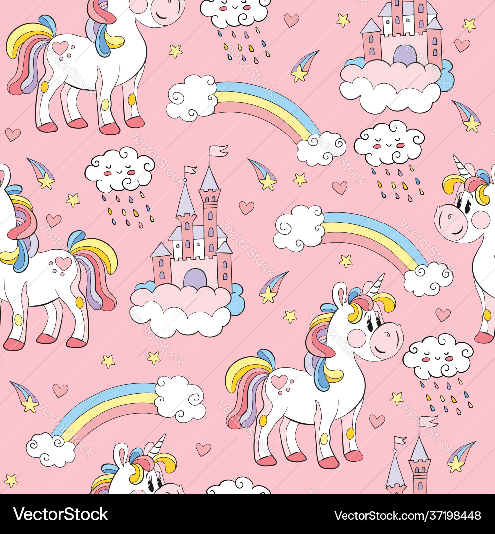 Seamless pattern with unicorns and elements pink Vector Image