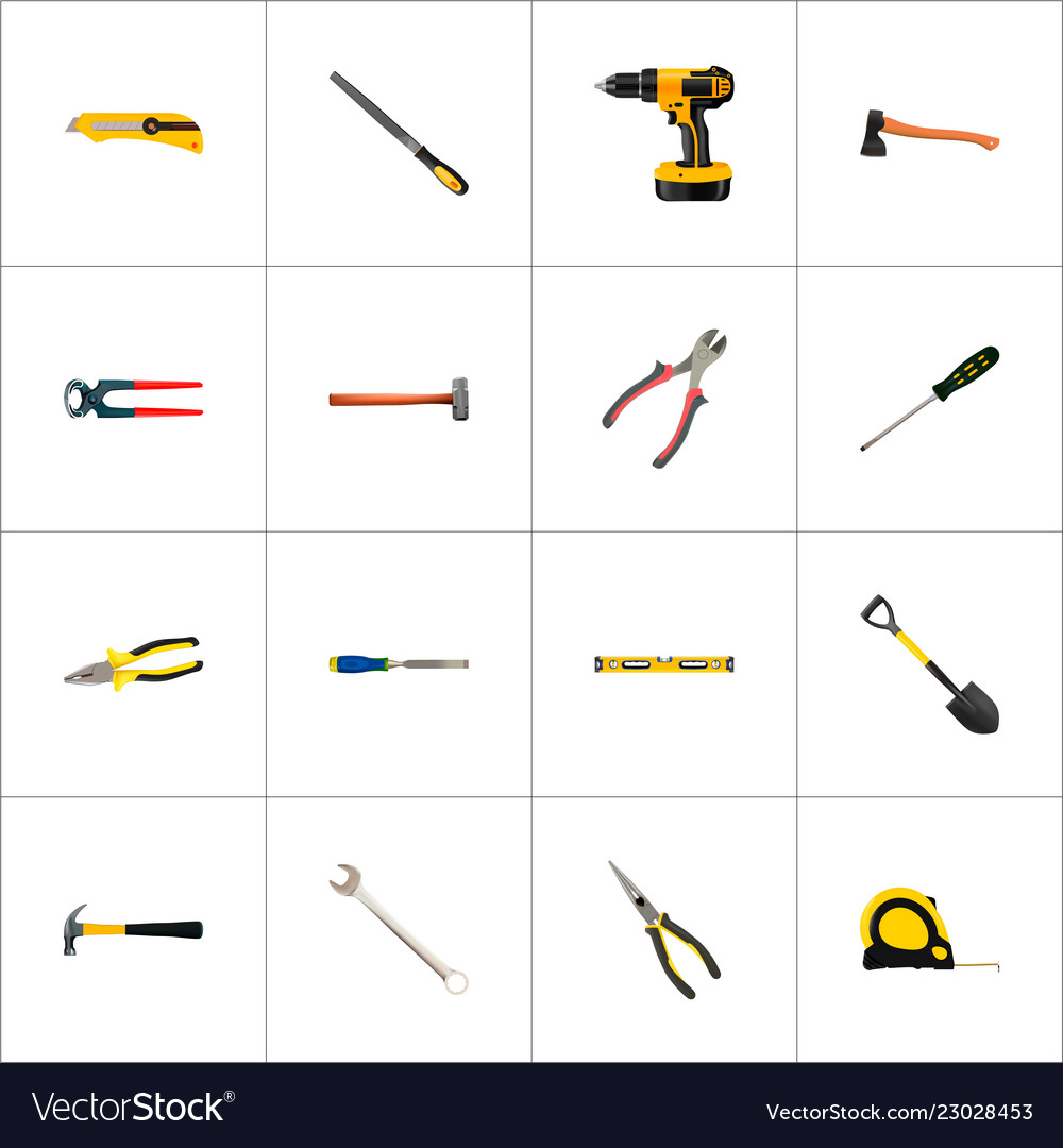 Set of instruments realistic symbols with drill vector image Set of instruments realistic symbols with drill