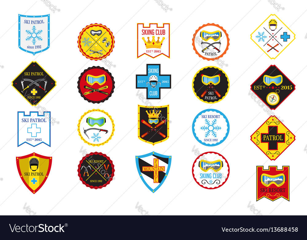 Colorful set of ski logos patrol rental skiing Vector Image