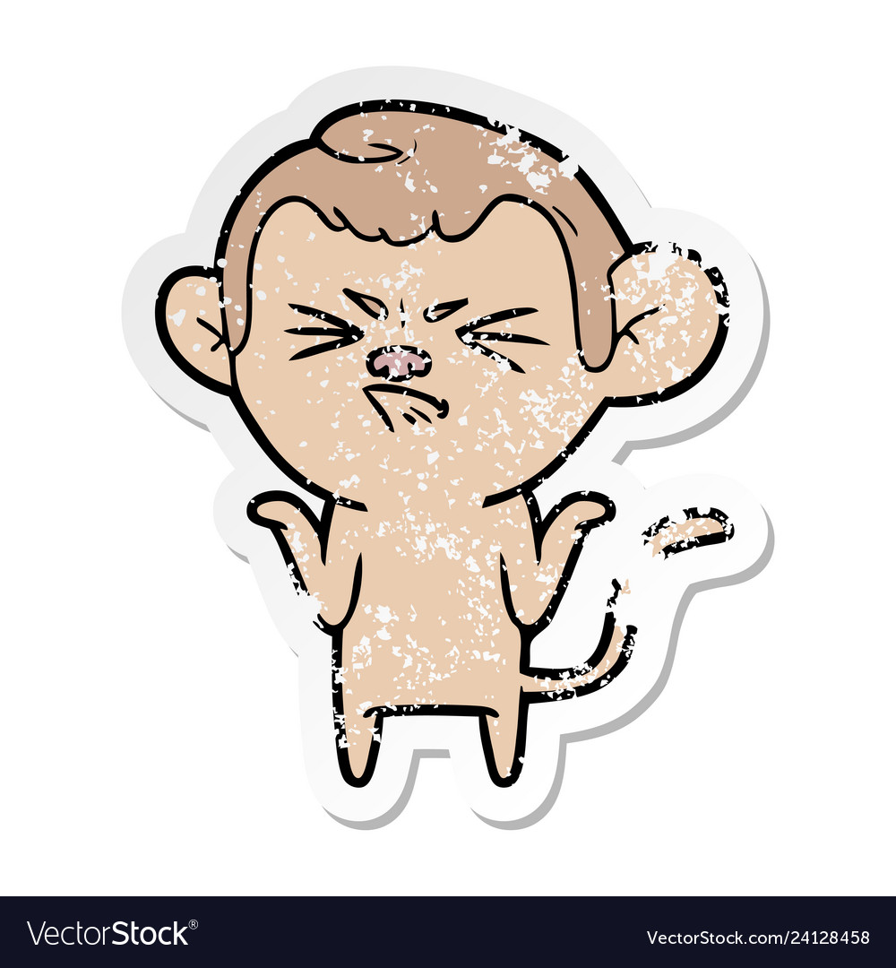 Distressed sticker of a cartoon annoyed monkey Vector Image