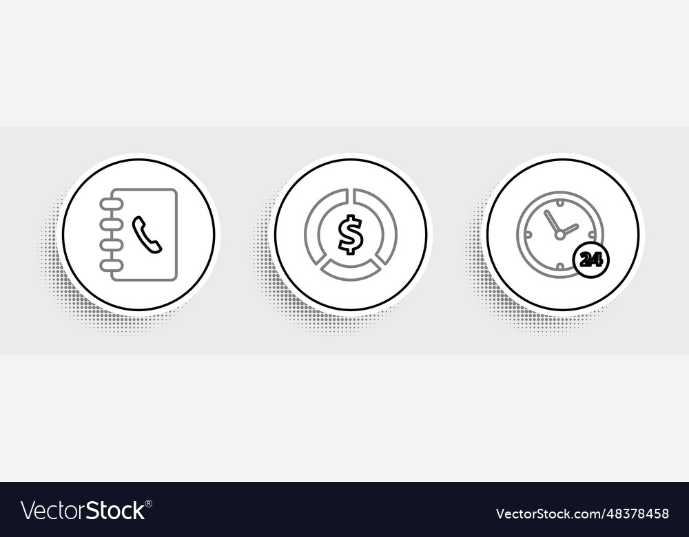 Set line clock 24 hours address book and coin vector image Set line clock 24 hours address book and coin