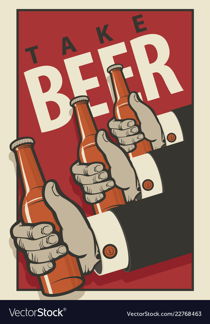 beer banner with three mens hands with bottles vector image