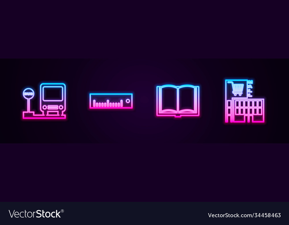 Set line bus stop ruler open book and mall vector image Set line bus stop ruler open book and mall