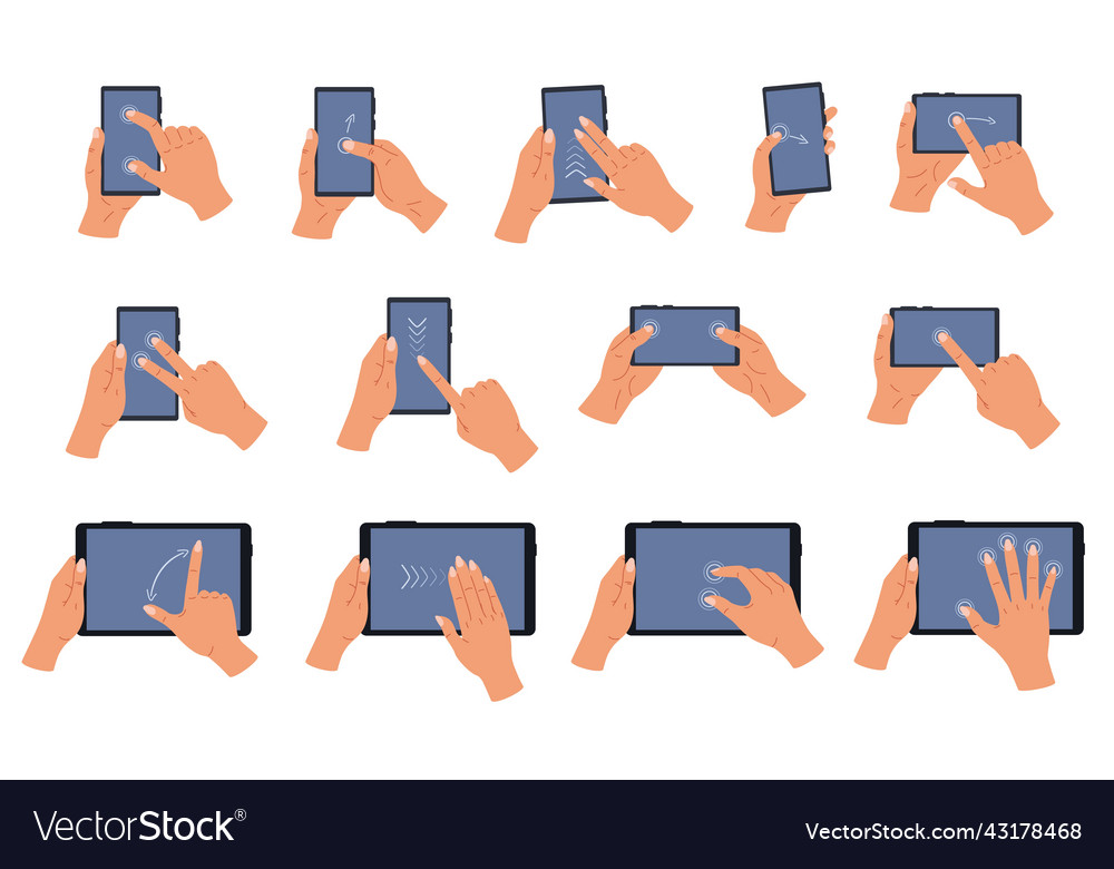 Cartoon touchscreen hand gestures human hands vector image Cartoon touchscreen hand gestures human hands
