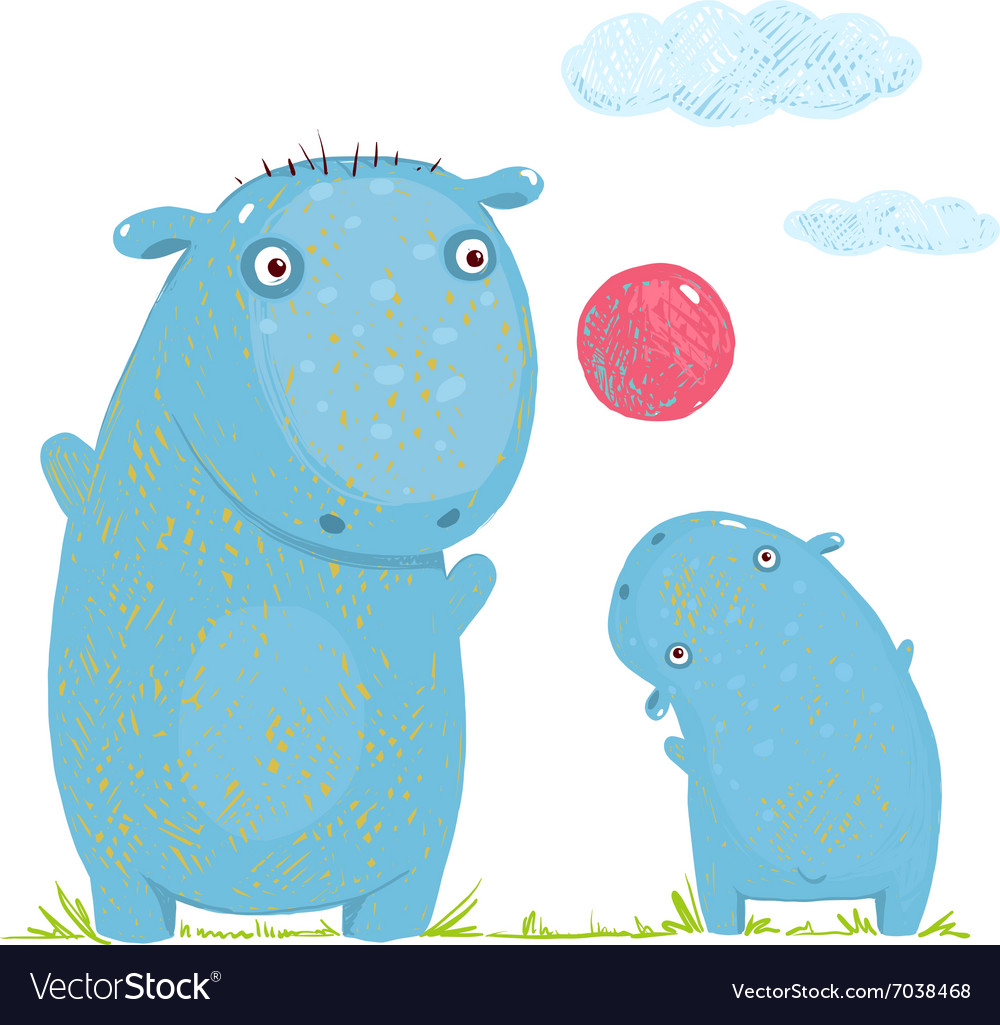 Hippopotamus parent playing ball with a child