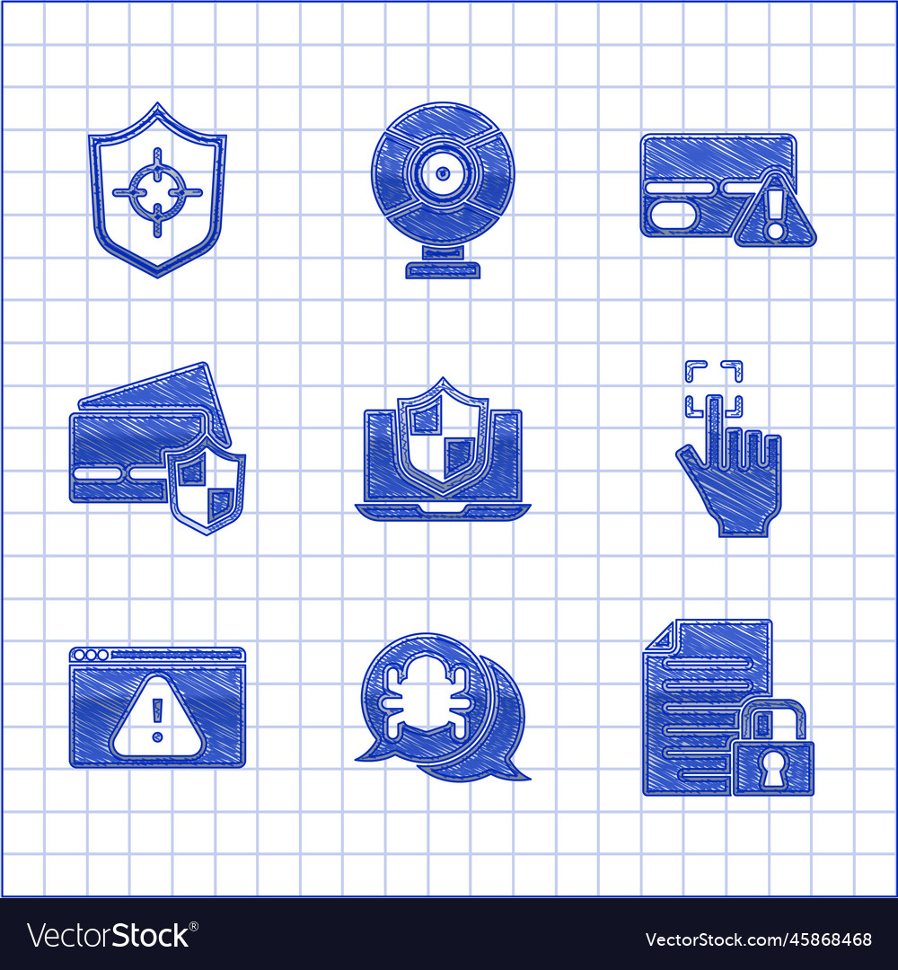 Set laptop protected with shield system bug vector image Set laptop protected with shield system bug