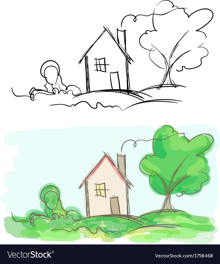 Sketches Of Village House And Tree Black And White