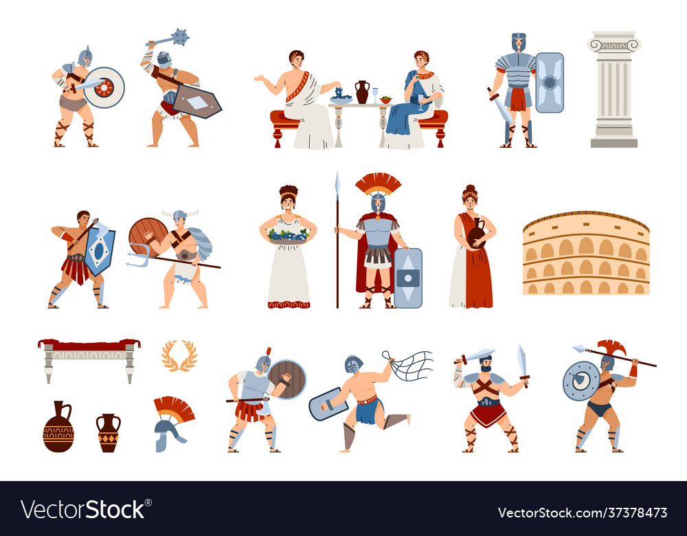 Ancient rome citizens and culture symbols cartoon Vector Image