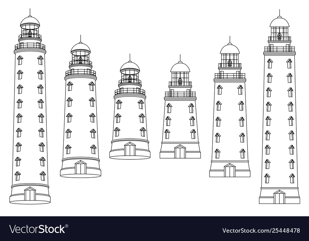 Black white outline lighthouse beacon set