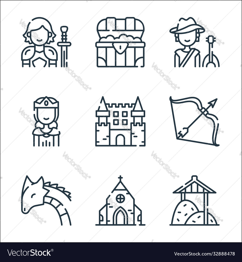 Medieval times line icons linear set quality vector image Medieval times line icons linear set quality