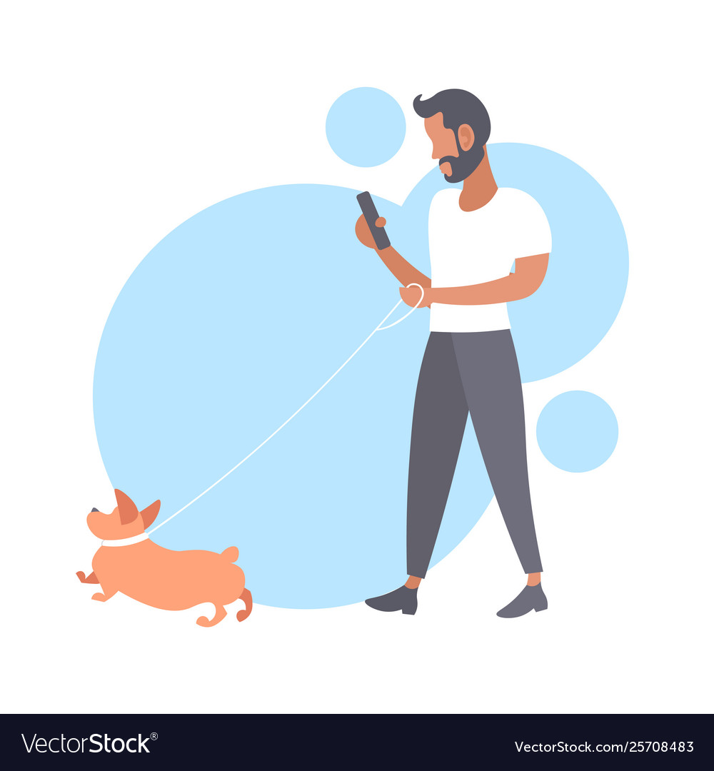 Casual man walking with dog bearded guy using